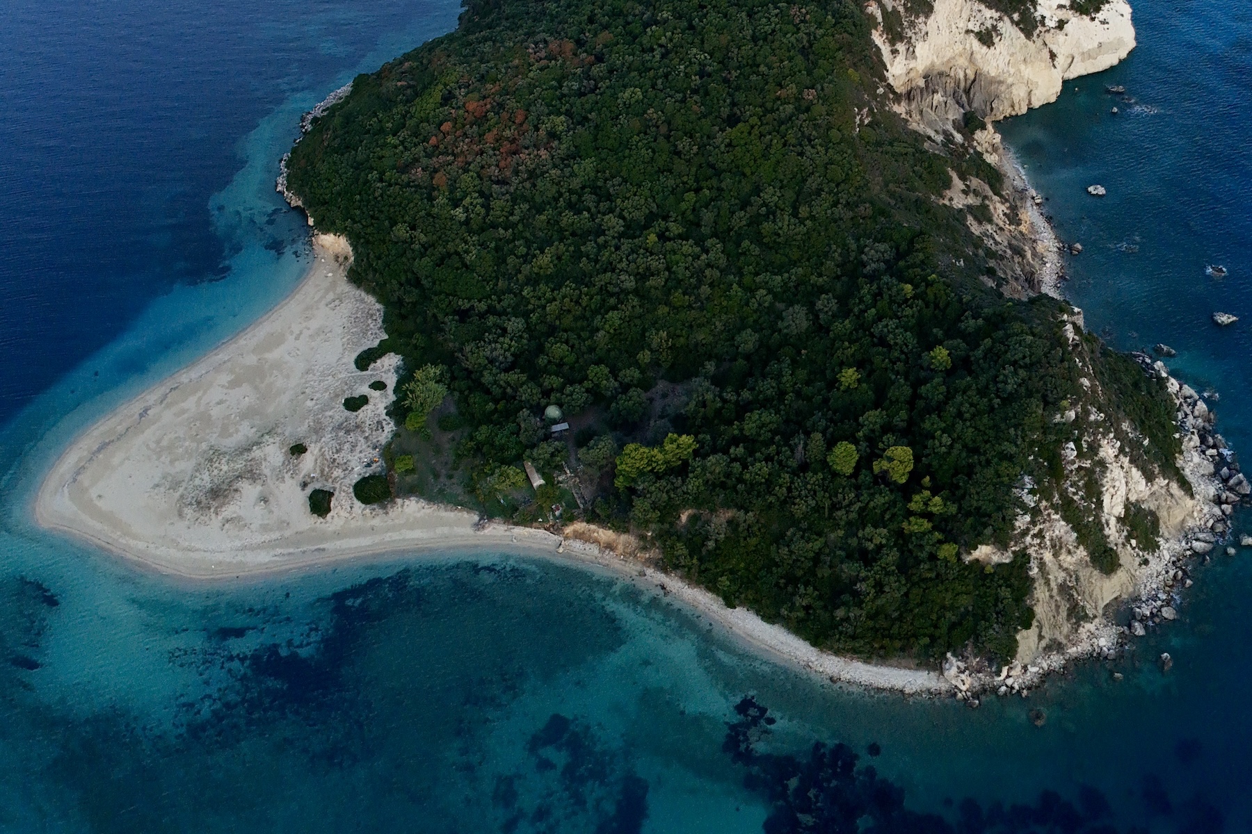 panoramic view Marathonisi Turtle island by a drone