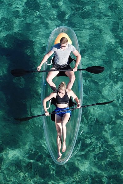 a Couple kayaking in Zakynthos Greece